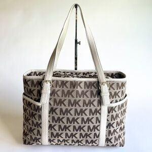 Michael Kors Brown Beige Canvas Ivory Leather Handbag Shoulder Bag